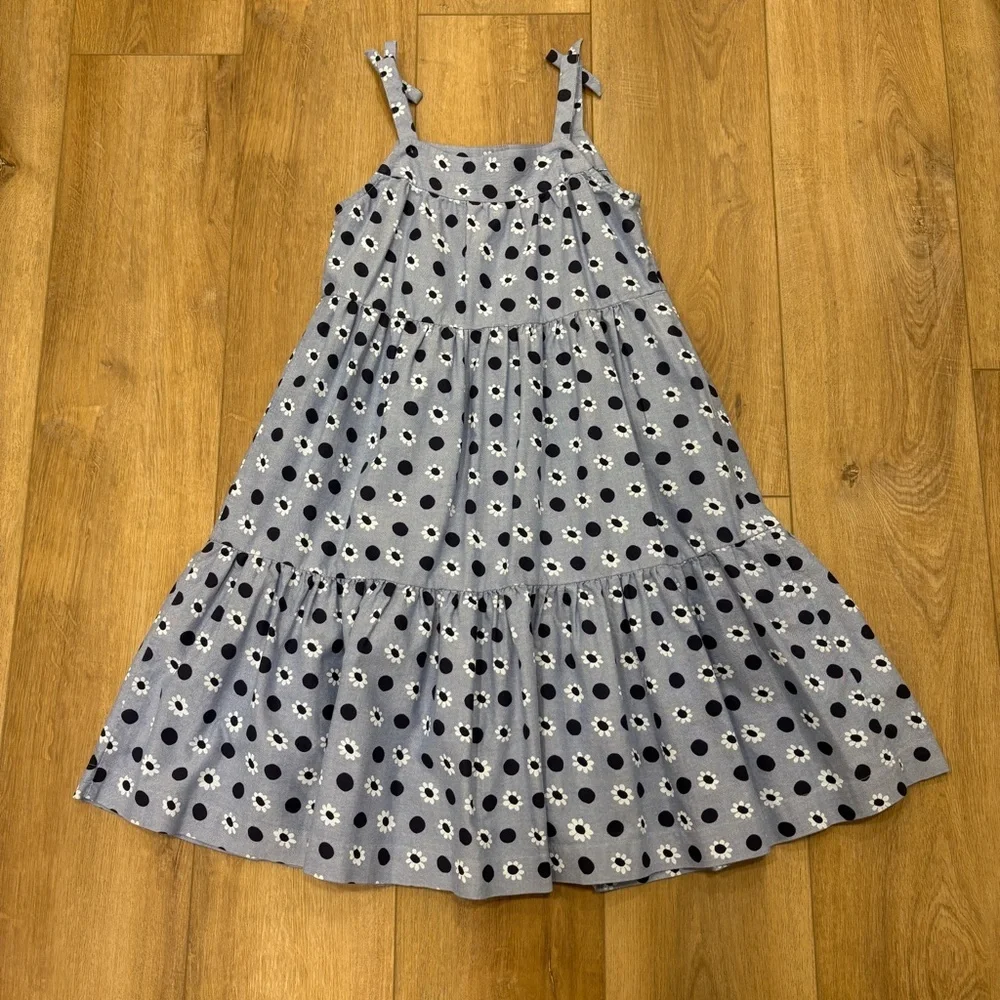 🌟HANNA ANDERSSON🌟 GIRLS CHAMBRAY FLORAL POLKA DOT TIERED SUN DRESS BLUE SZ 10